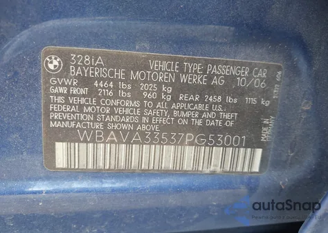 2007 BMW 328I z USA, uszkodzony, nr VIN WBAVA33537PG53001